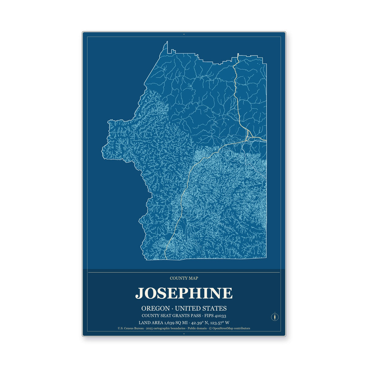 Josephine County, Oregon Map Aluminum Sign in Harbor Cobalt style