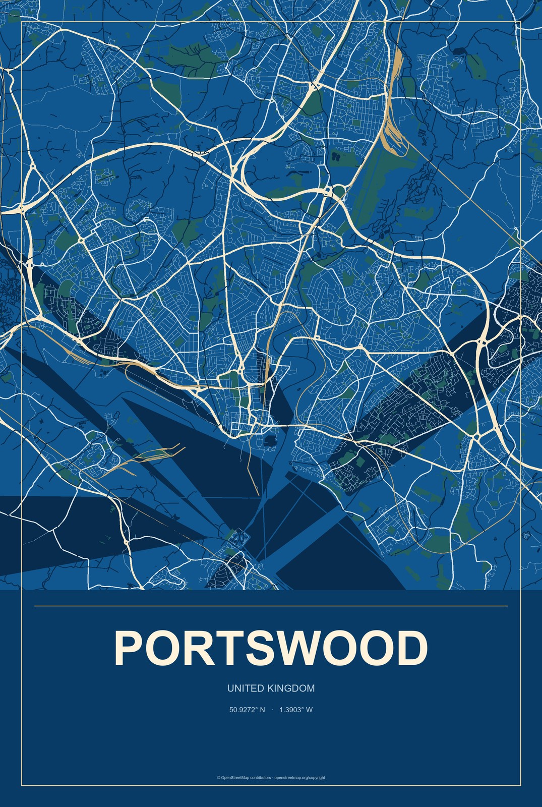 Portswood, United Kingdom City Map Aluminum Sign in Harbor Cobalt style