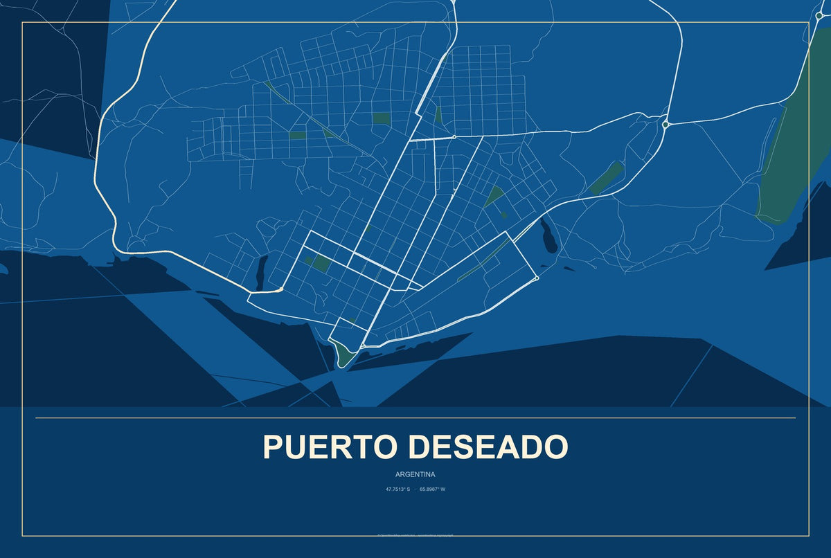 Puerto Deseado, Argentina City Map Aluminum Sign in Harbor Cobalt style