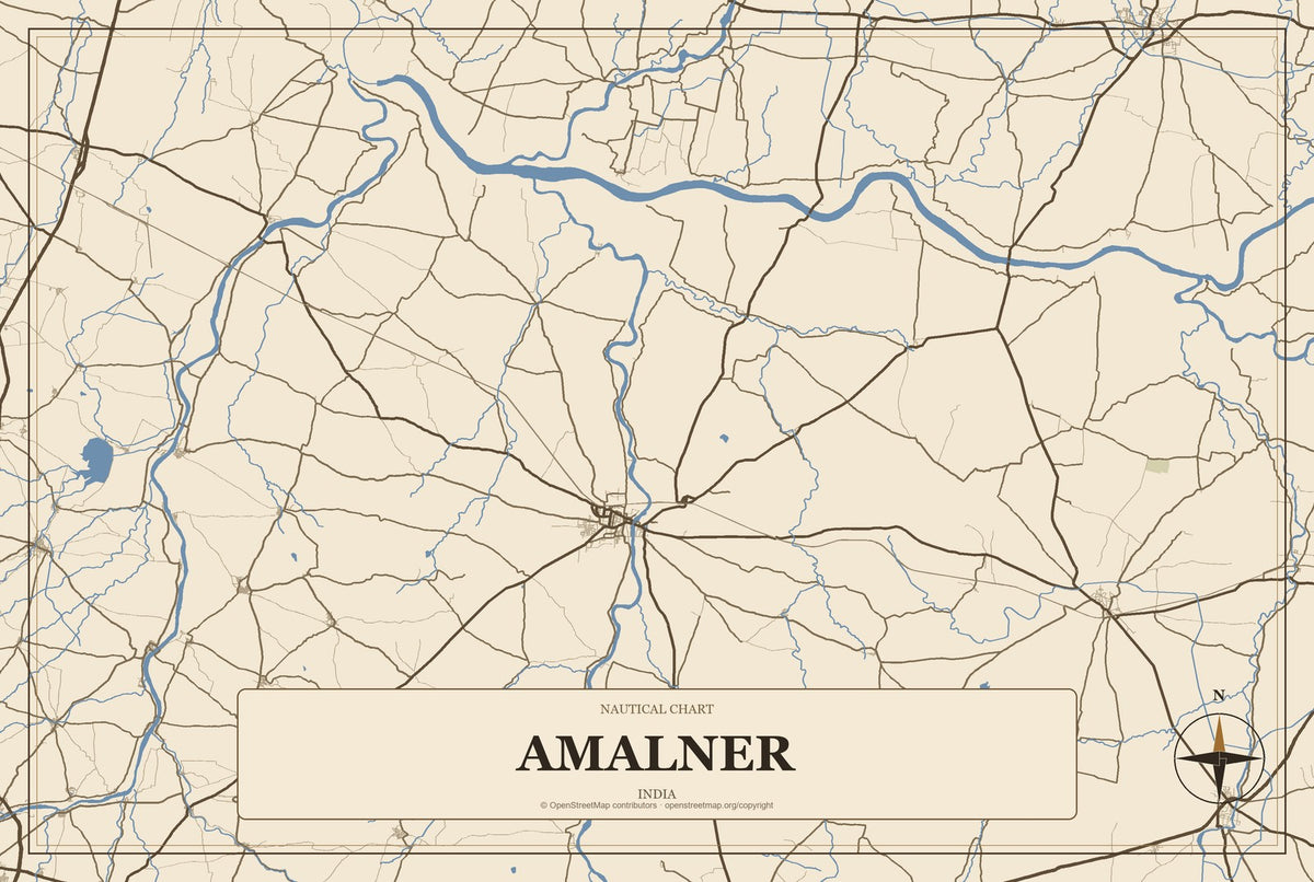 Amalner, India City Map Aluminum Sign in Heritage Nautical style