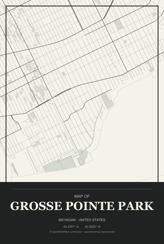 Grosse Pointe Park, Michigan City Map Aluminum Sign in Museum Plaque style