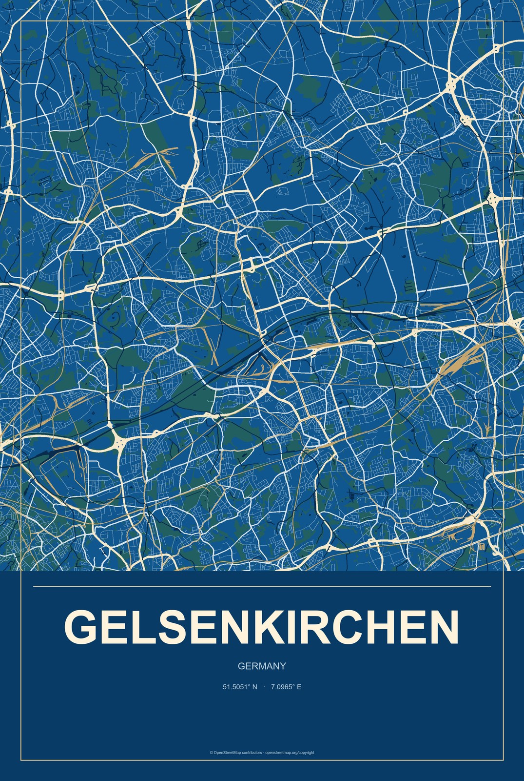 Gelsenkirchen, Germany City Map Aluminum Sign in Harbor Cobalt style