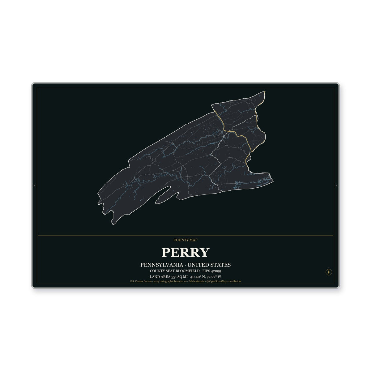 Perry County, Pennsylvania Map Aluminum Sign in Metropolitan Noir style