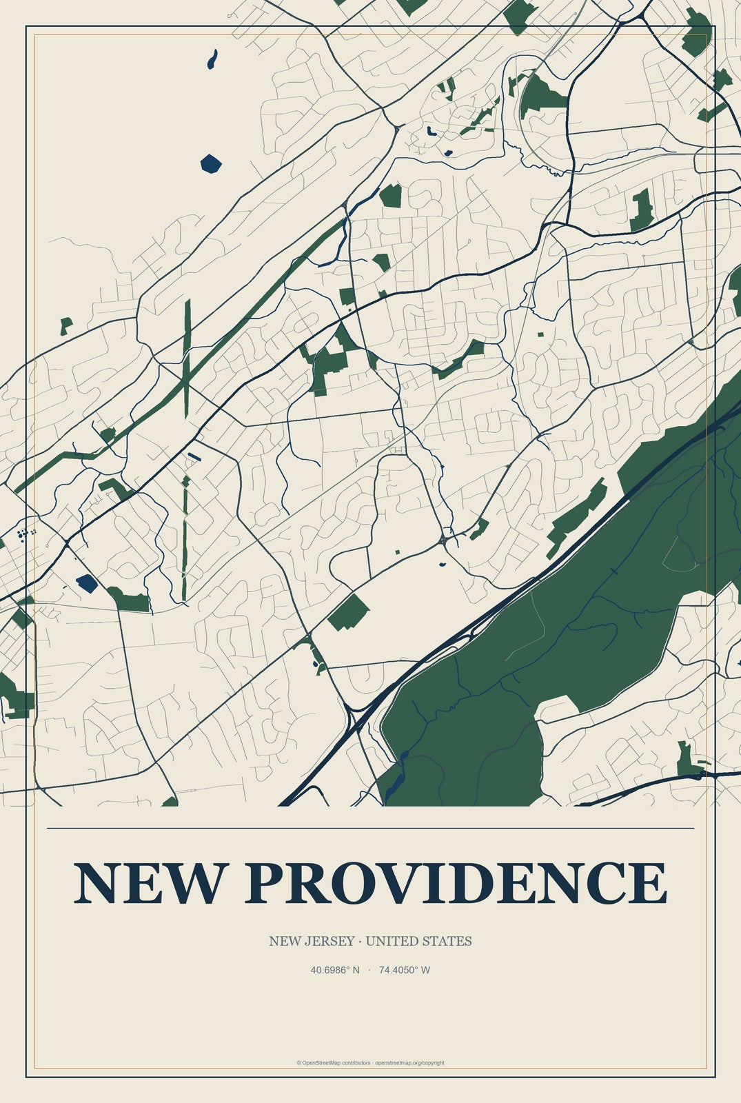 New Providence, New Jersey City Map Aluminum Sign in Coastal Cutout style