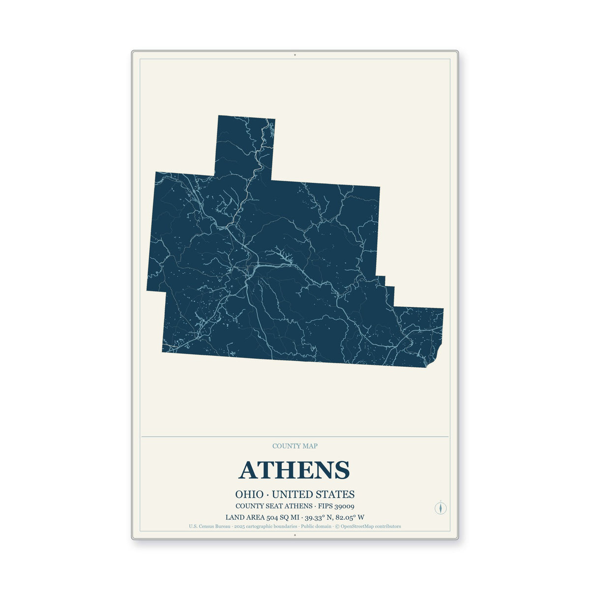 Athens County, Ohio Map Aluminum Sign in Coastal Cutout style