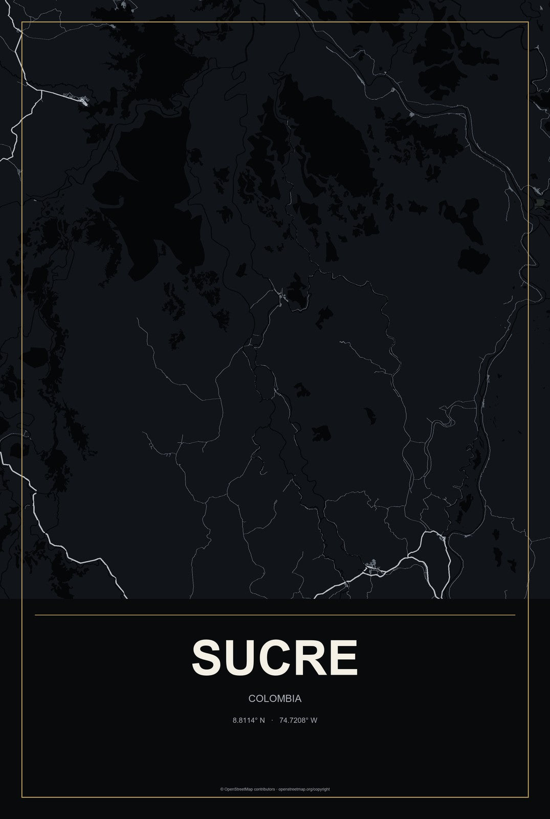 Sucre, Colombia City Map Aluminum Sign in Metropolitan Noir style