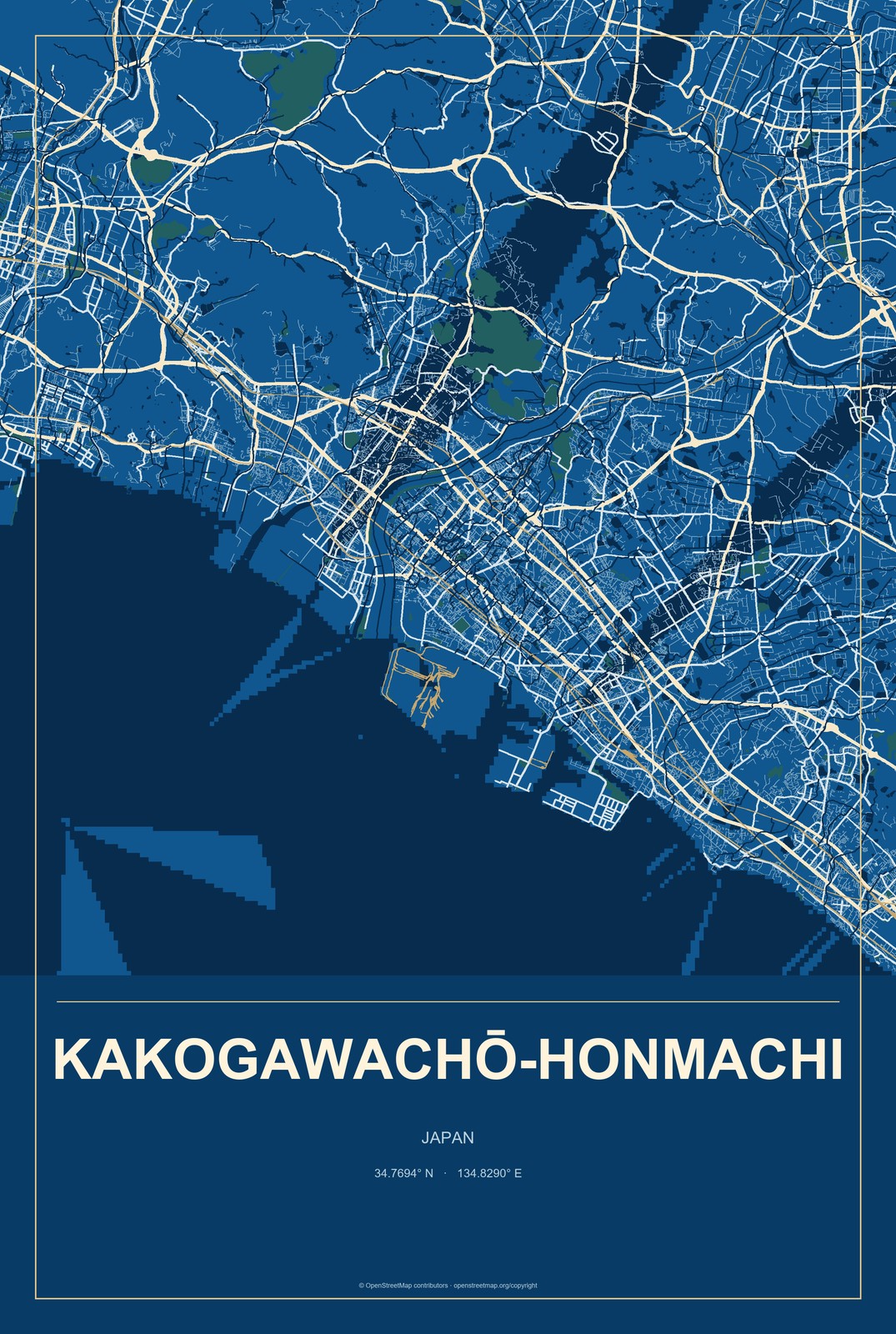 Kakogawachō-honmachi, Japan City Map Aluminum Sign in Harbor Cobalt style
