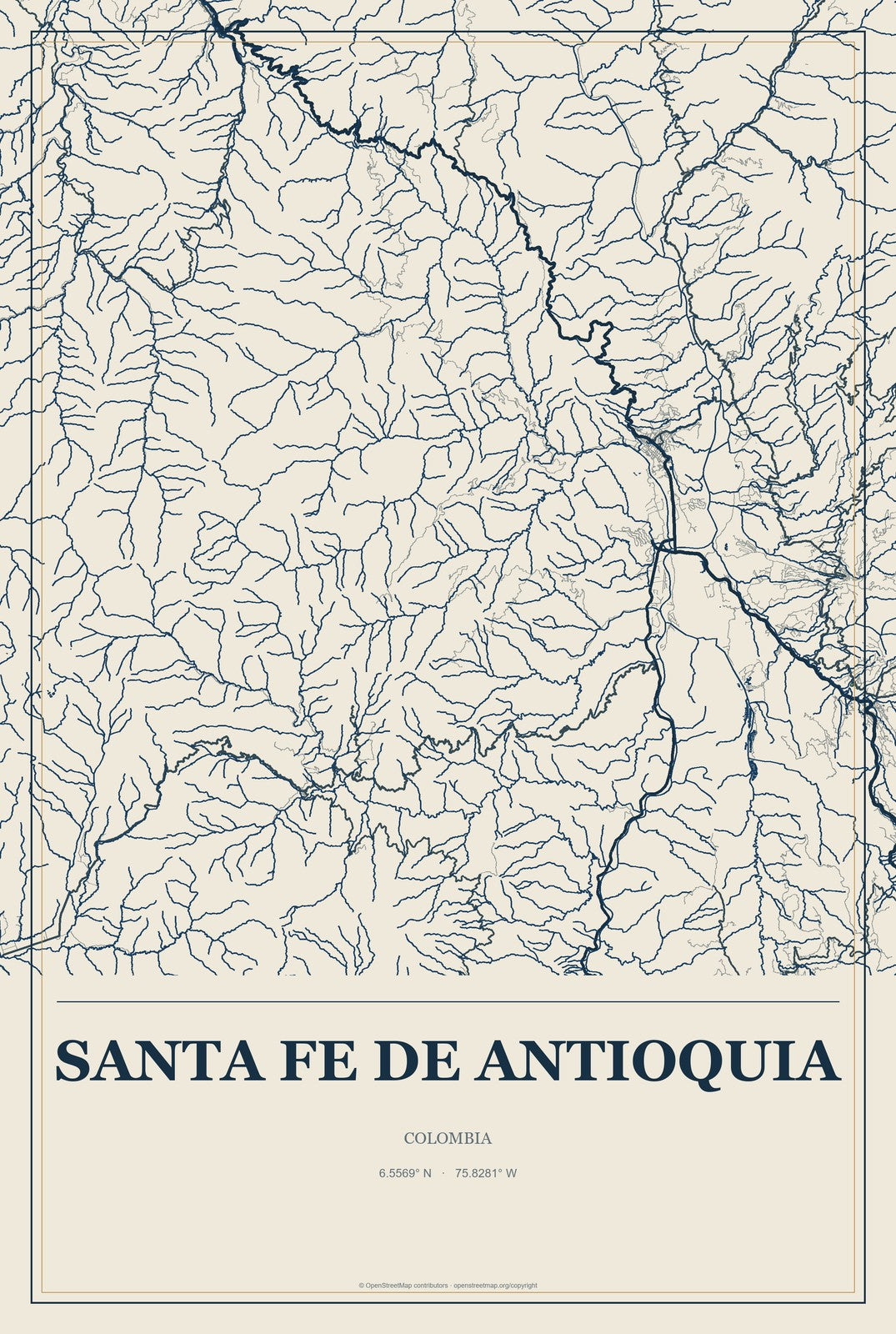 Santa Fe de Antioquia, Colombia City Map Aluminum Sign in Coastal Cutout style