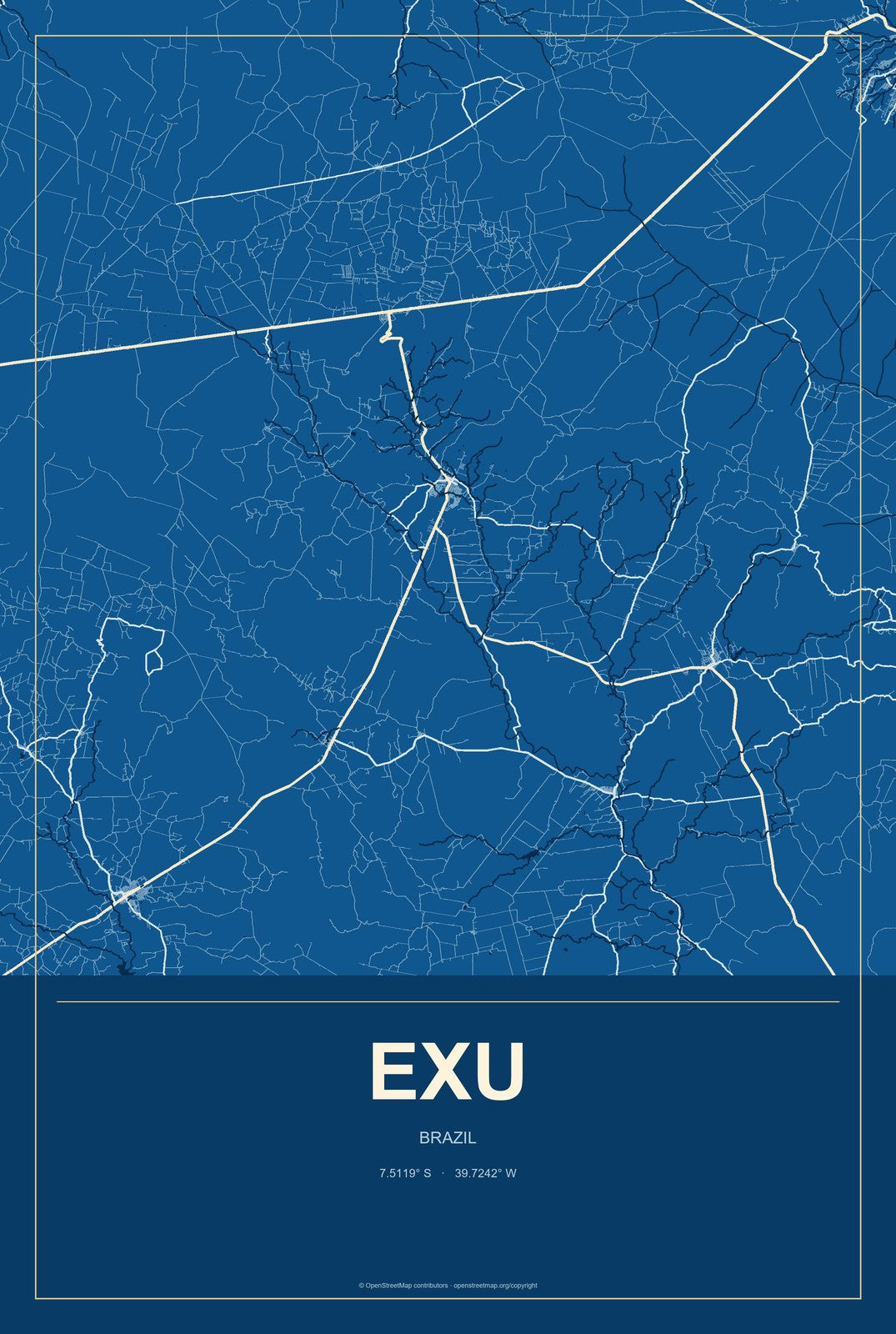 Exu, Brazil City Map Aluminum Sign in Harbor Cobalt style