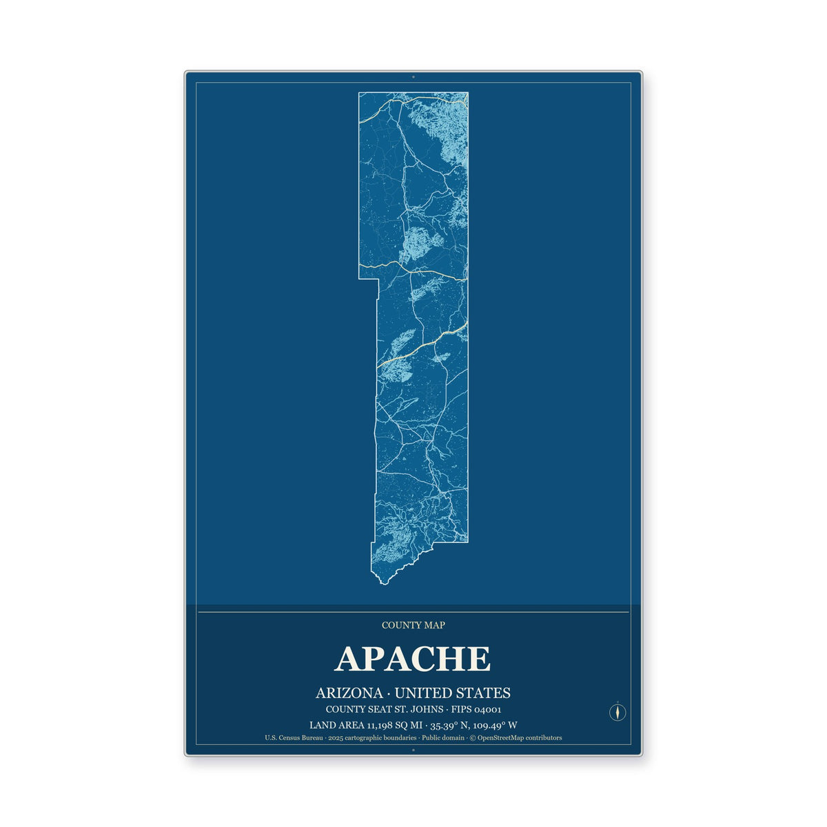 Apache County, Arizona Map Aluminum Sign in Harbor Cobalt style