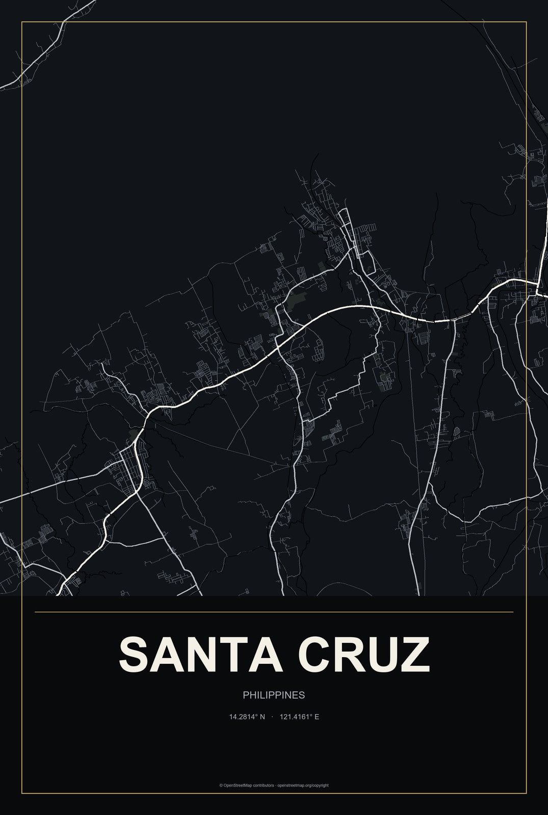Santa Cruz, Central Luzon, Philippines City Map Aluminum Sign in Metropolitan Noir style
