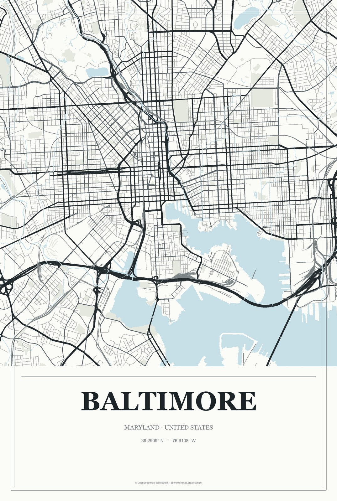Baltimore, Maryland City Map Aluminum Sign in Gallery Air style