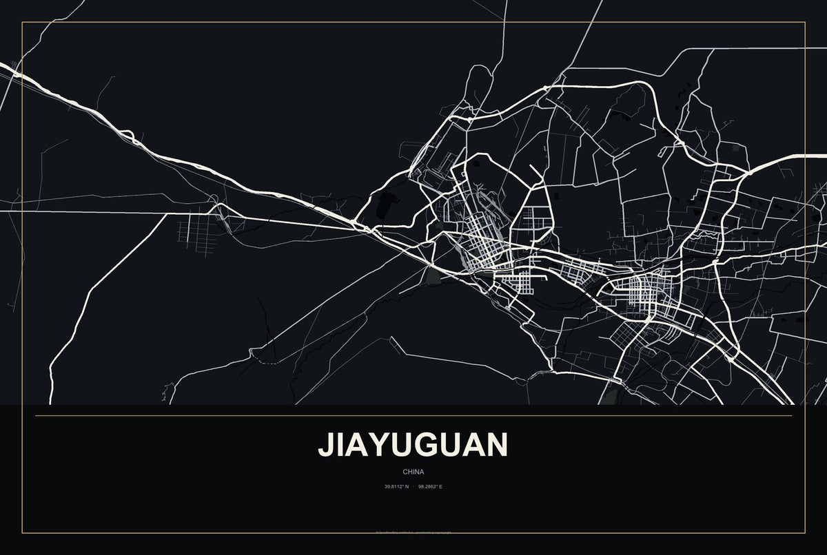 Jiayuguan, China City Map Aluminum Sign in Metropolitan Noir style