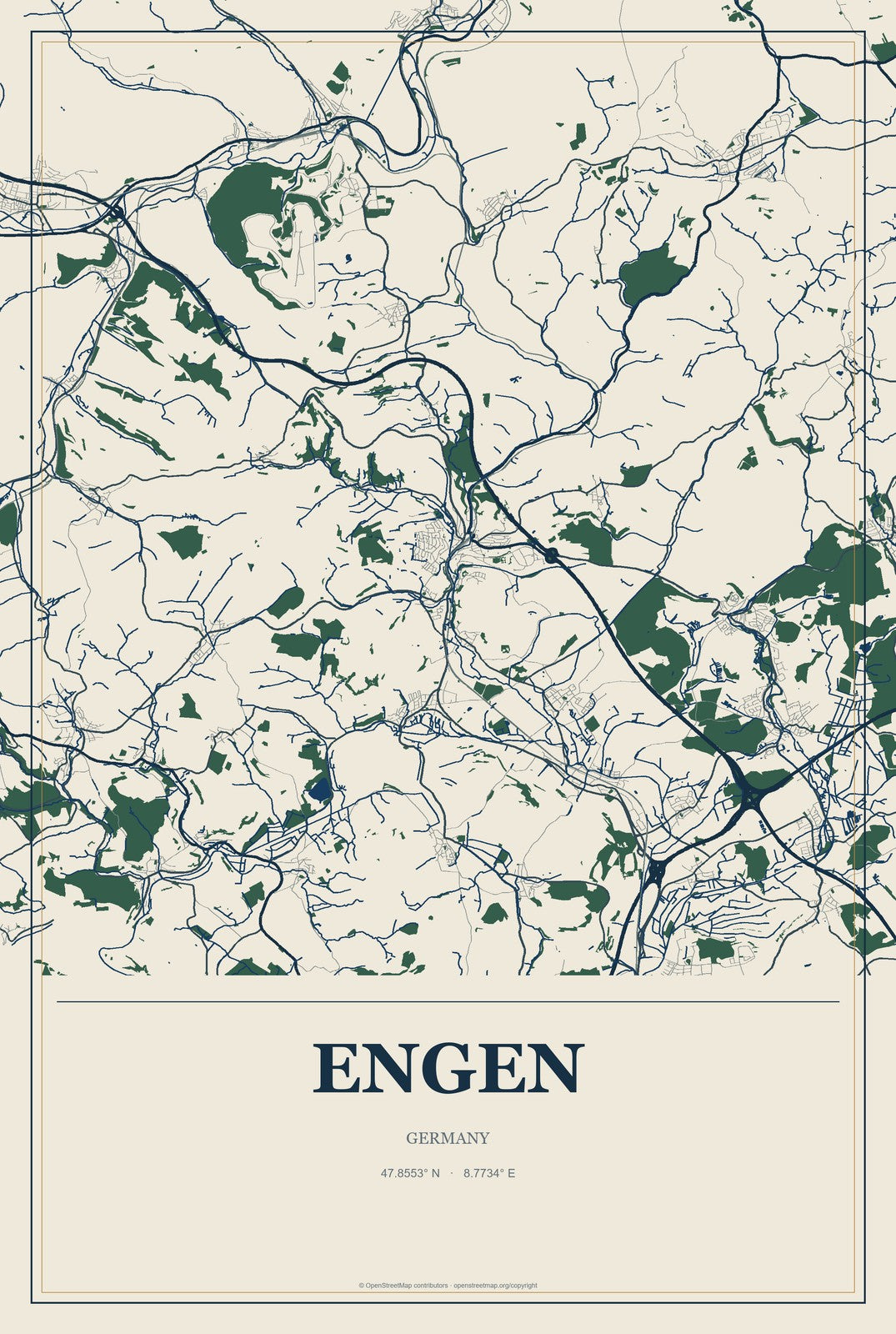 Engen, Germany City Map Aluminum Sign in Coastal Cutout style