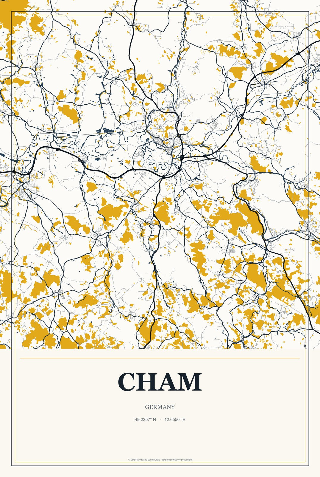 Cham, Germany City Map Aluminum Sign in Citrine Modern style