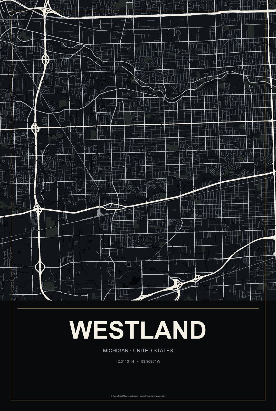 Westland, Michigan City Map Aluminum Sign in Metropolitan Noir style