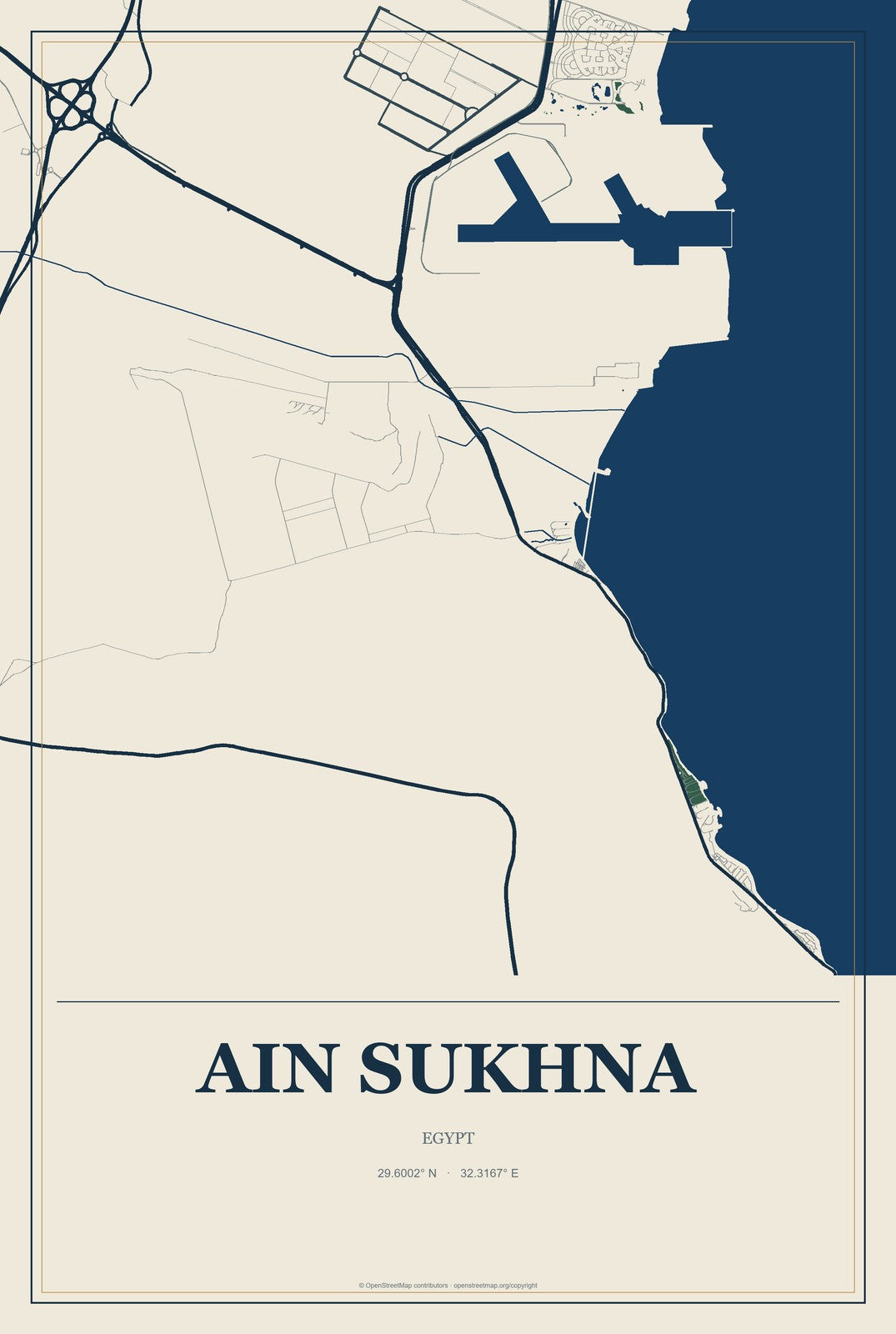 Ain Sukhna, Egypt City Map Aluminum Sign in Coastal Cutout style