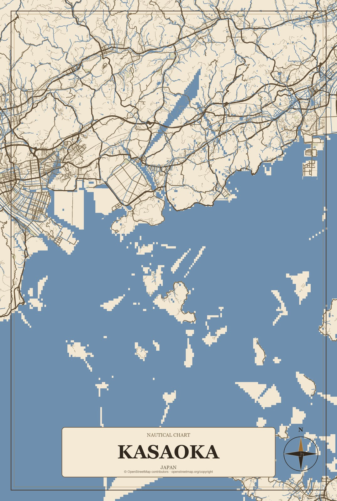 Kasaoka, Japan City Map Aluminum Sign in Heritage Nautical style