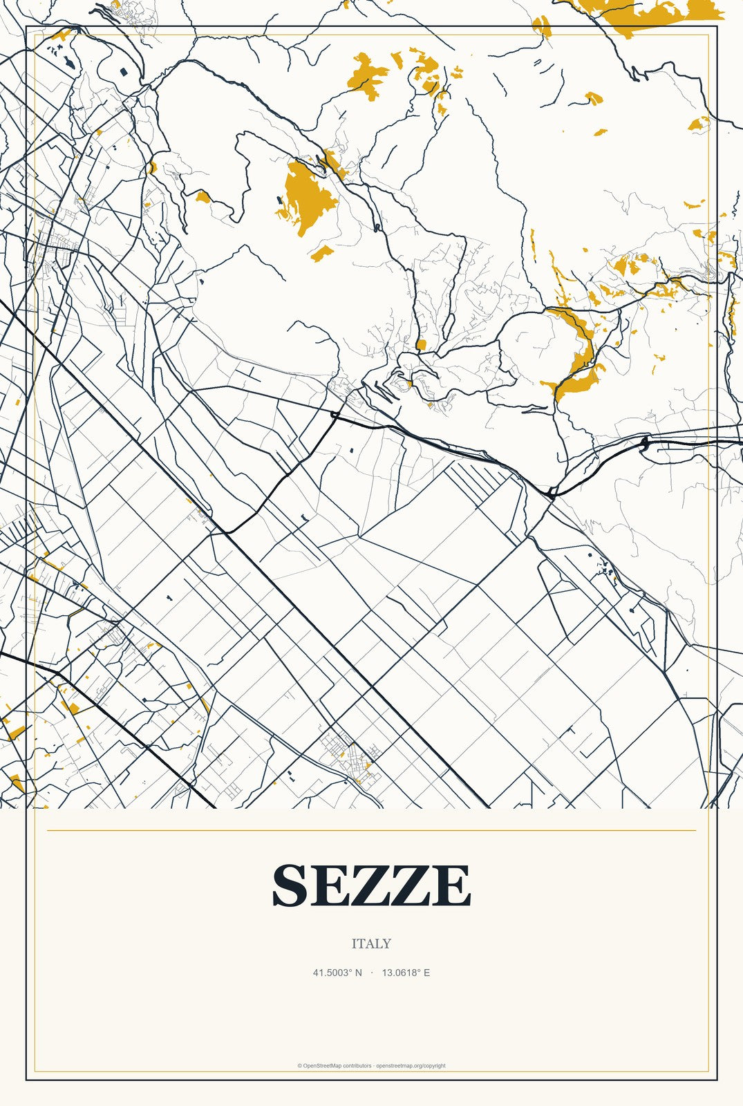 Sezze, Italy City Map Aluminum Sign in Citrine Modern style