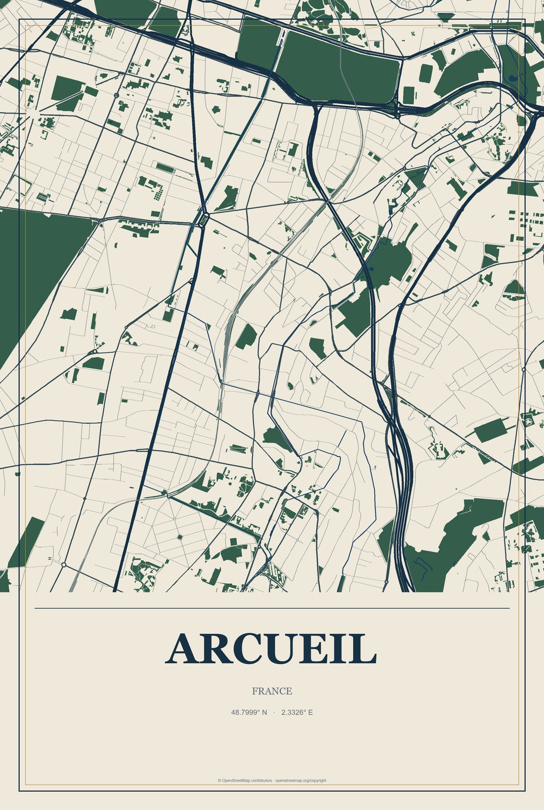 Arcueil, France City Map Aluminum Sign in Coastal Cutout style