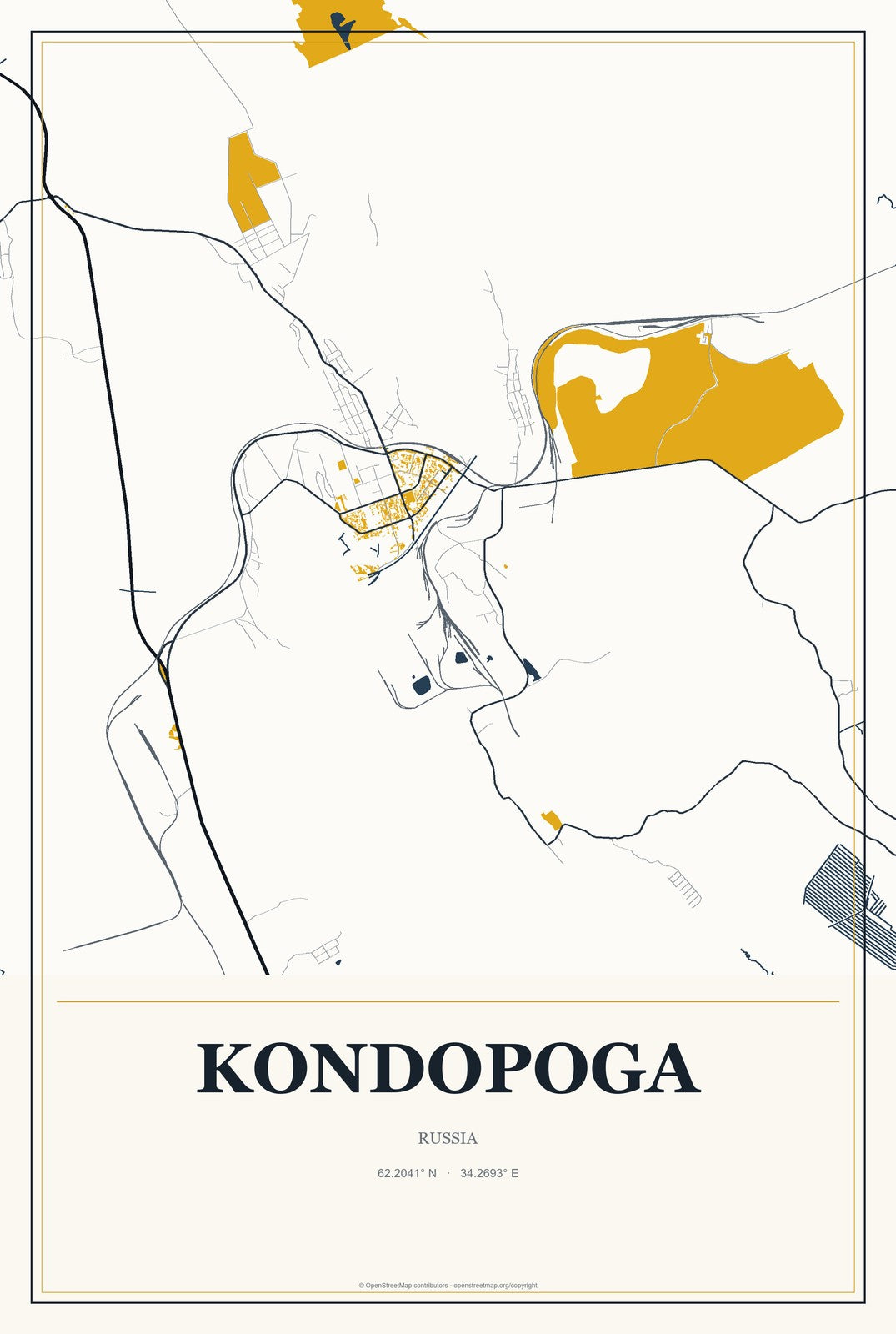Kondopoga, Russia City Map Aluminum Sign in Citrine Modern style