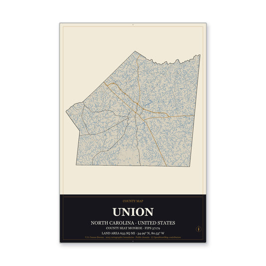 Union County, North Carolina Map Aluminum Sign in Museum Plaque style