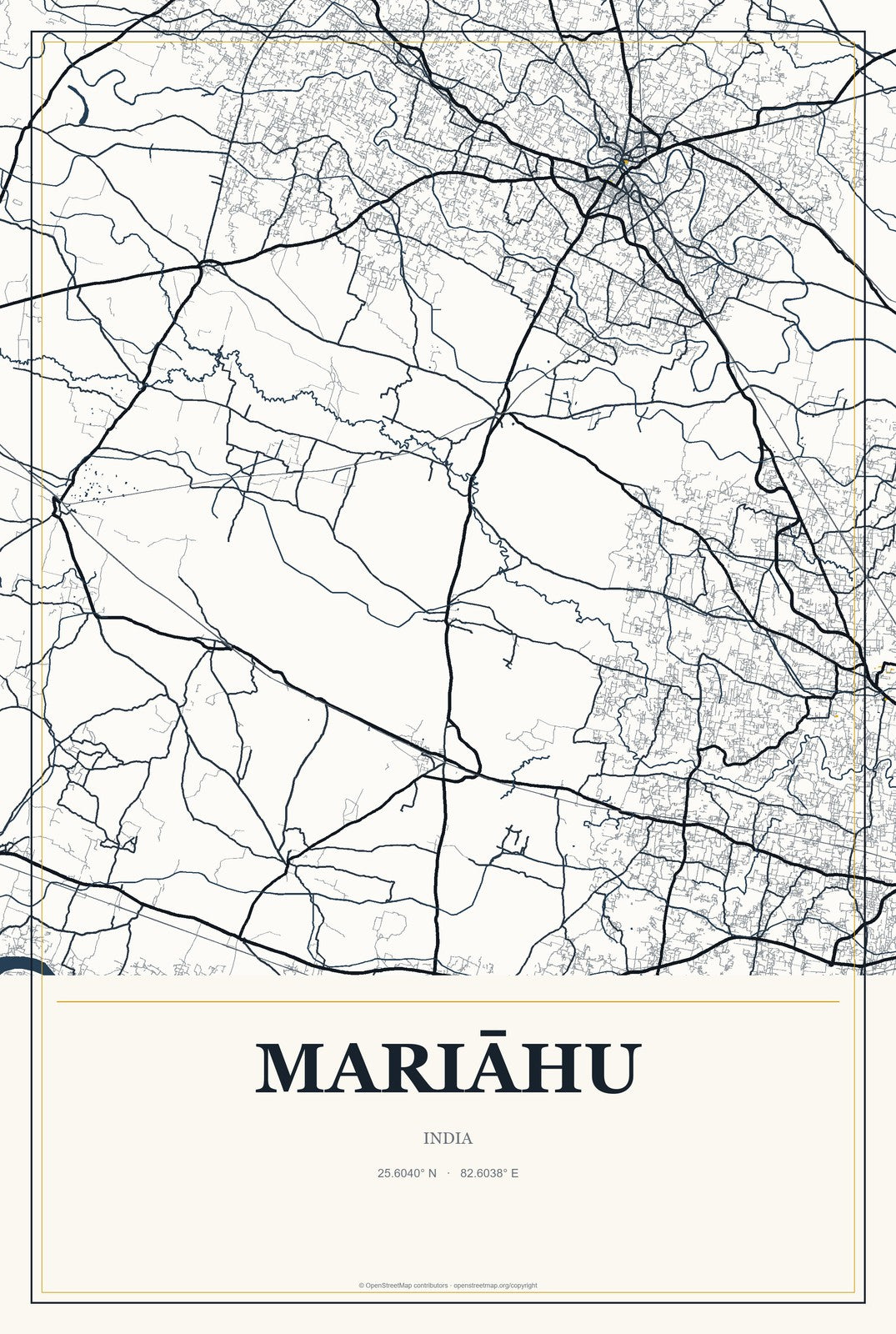 Mariāhu, India City Map Aluminum Sign in Citrine Modern style