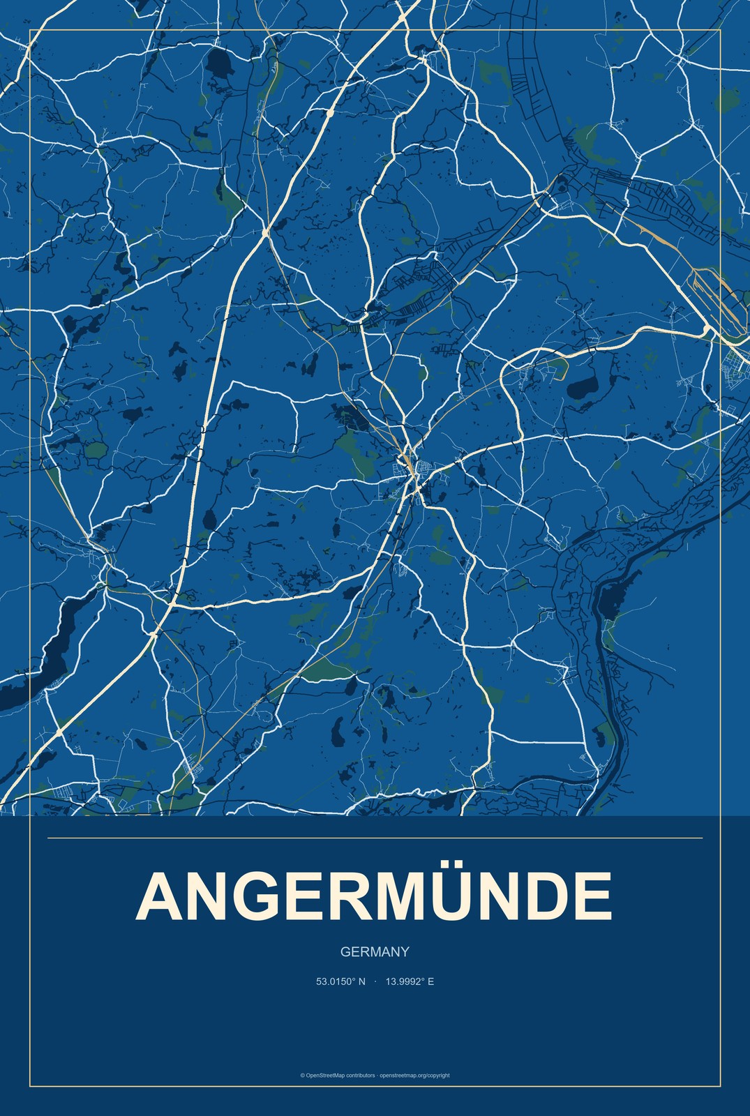 Angermünde, Germany City Map Aluminum Sign in Harbor Cobalt style