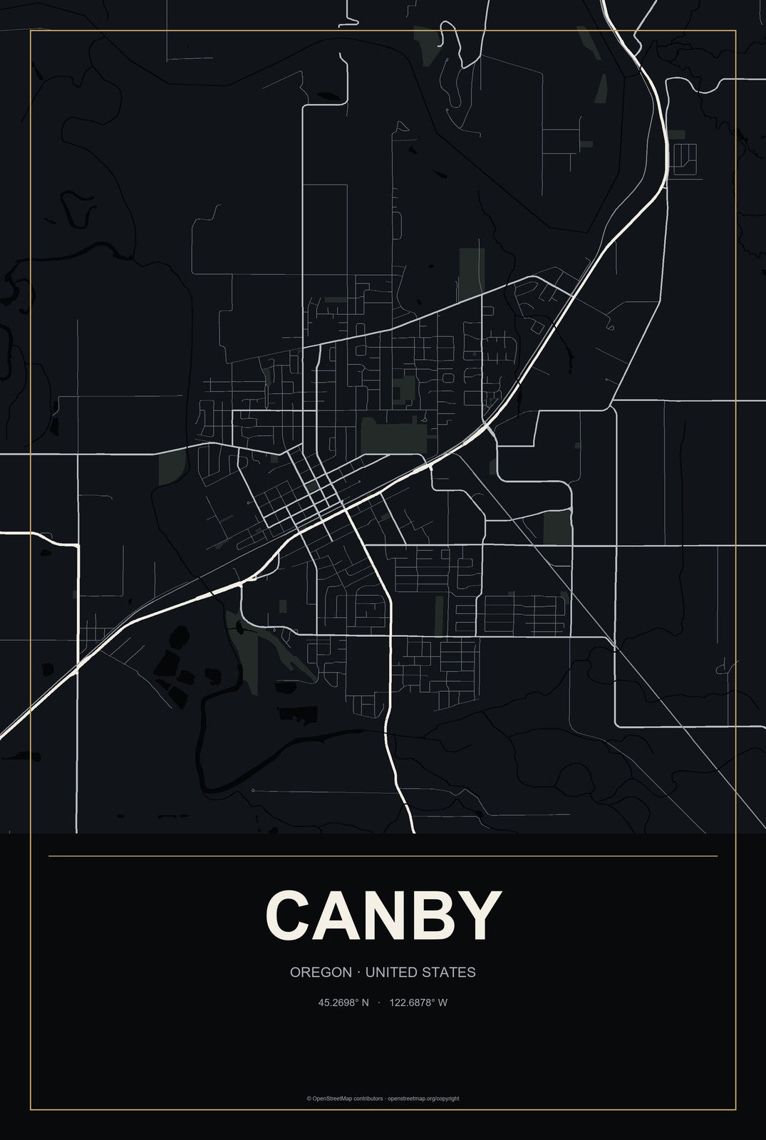 Canby, Oregon City Map Aluminum Sign in Metropolitan Noir style