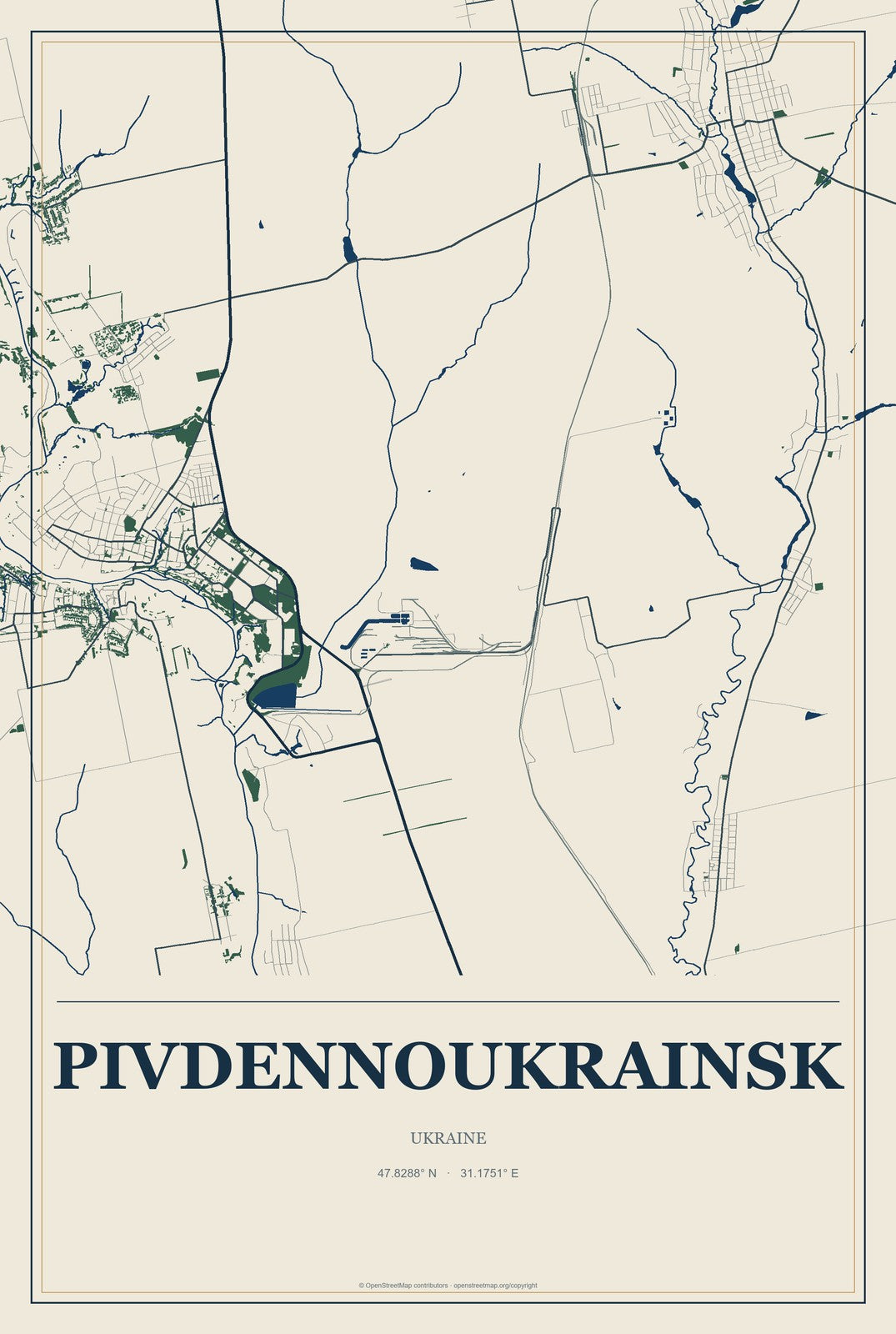 Pivdennoukrainsk, Ukraine City Map Aluminum Sign in Coastal Cutout style