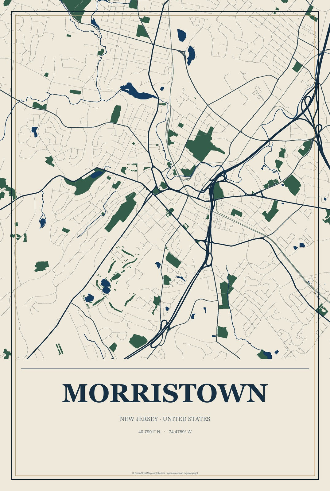 Morristown, New Jersey City Map Aluminum Sign in Coastal Cutout style