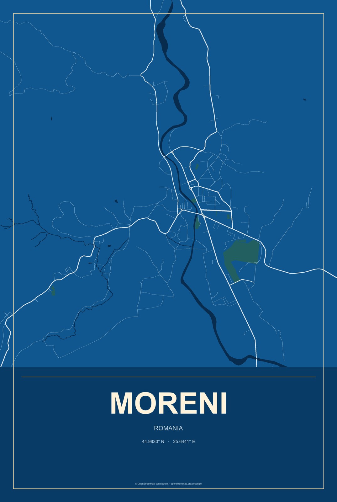 Moreni, Romania City Map Aluminum Sign in Harbor Cobalt style