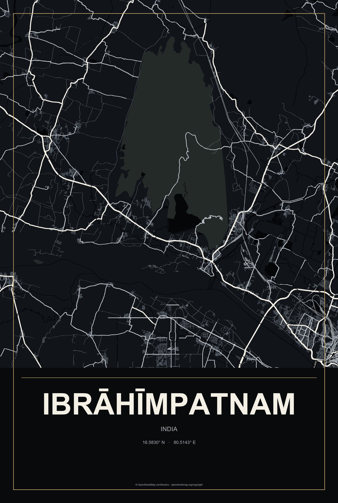 Ibrāhīmpatnam, India City Map Aluminum Sign in Metropolitan Noir style