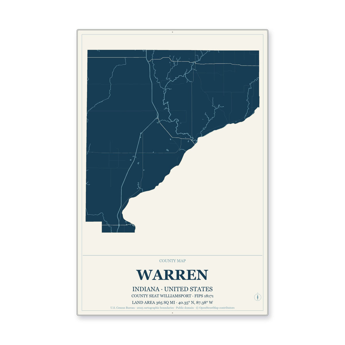 Warren County, Indiana Map Aluminum Sign in Coastal Cutout style