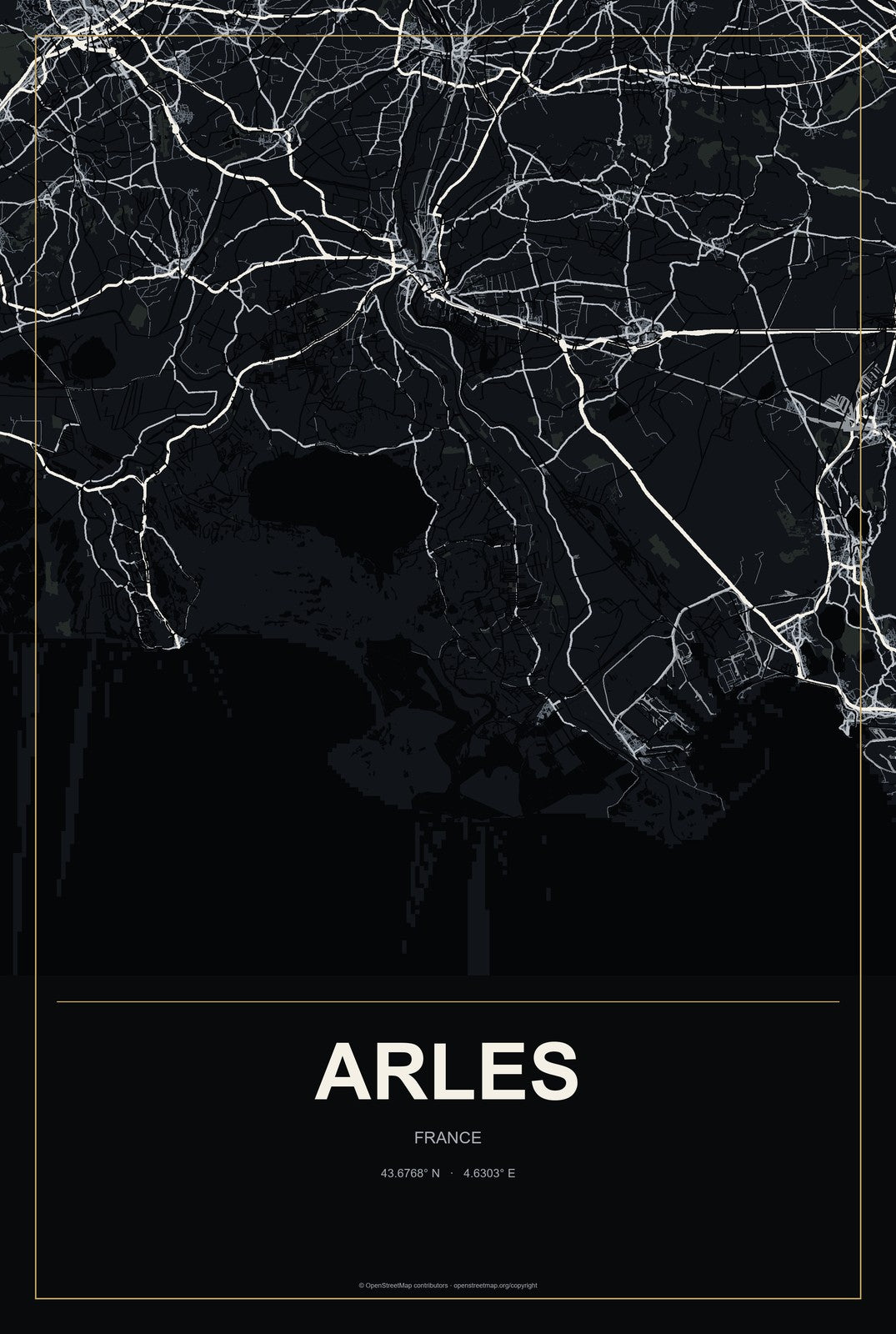 Arles, France City Map Aluminum Sign in Metropolitan Noir style
