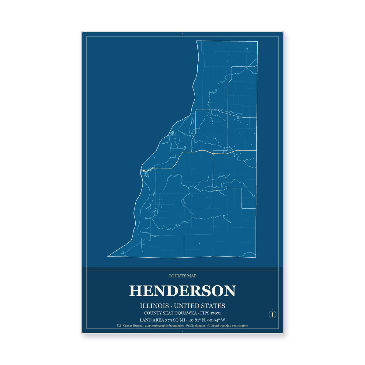 Henderson County, Illinois Map Aluminum Sign in Harbor Cobalt style