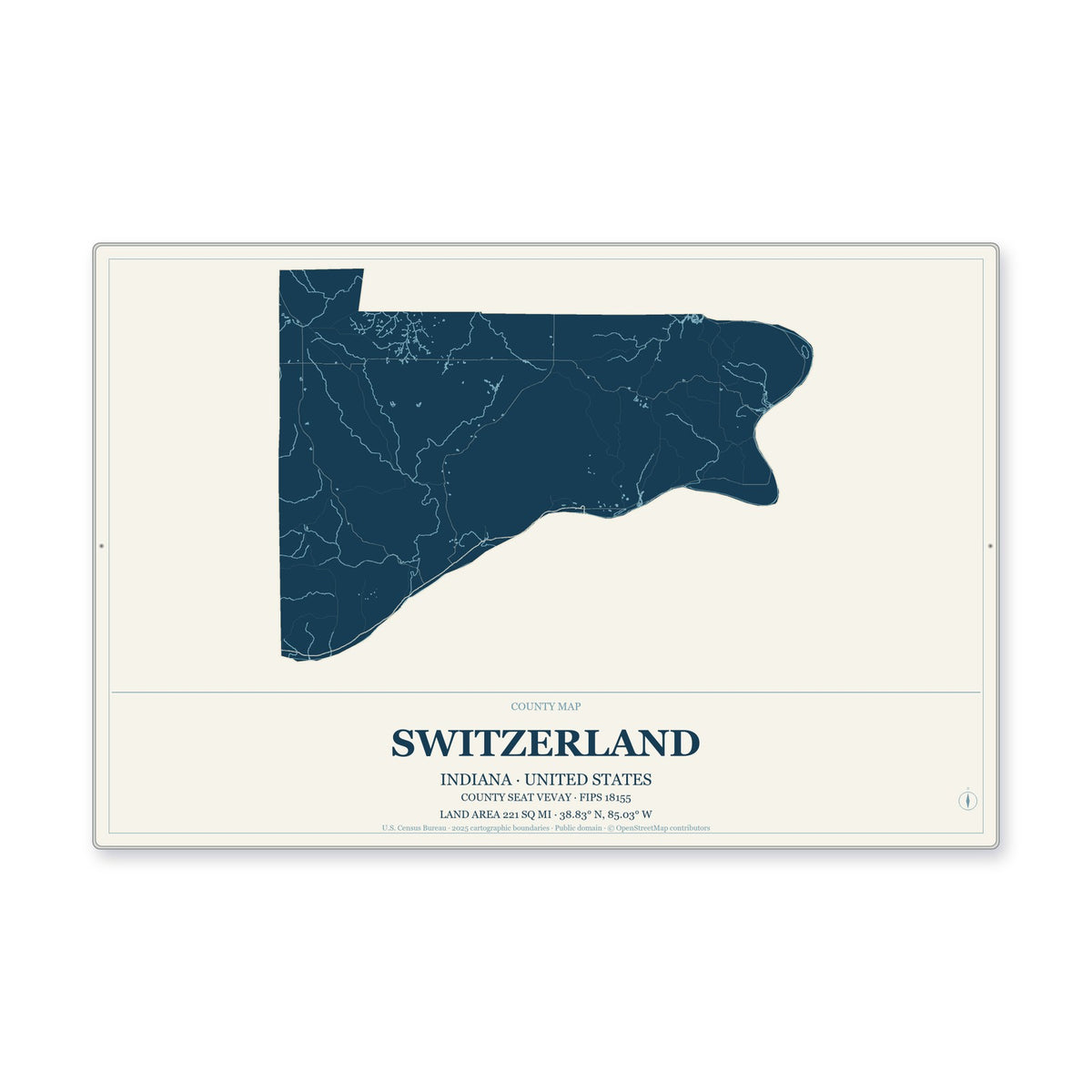 Switzerland County, Indiana Map Aluminum Sign in Coastal Cutout style