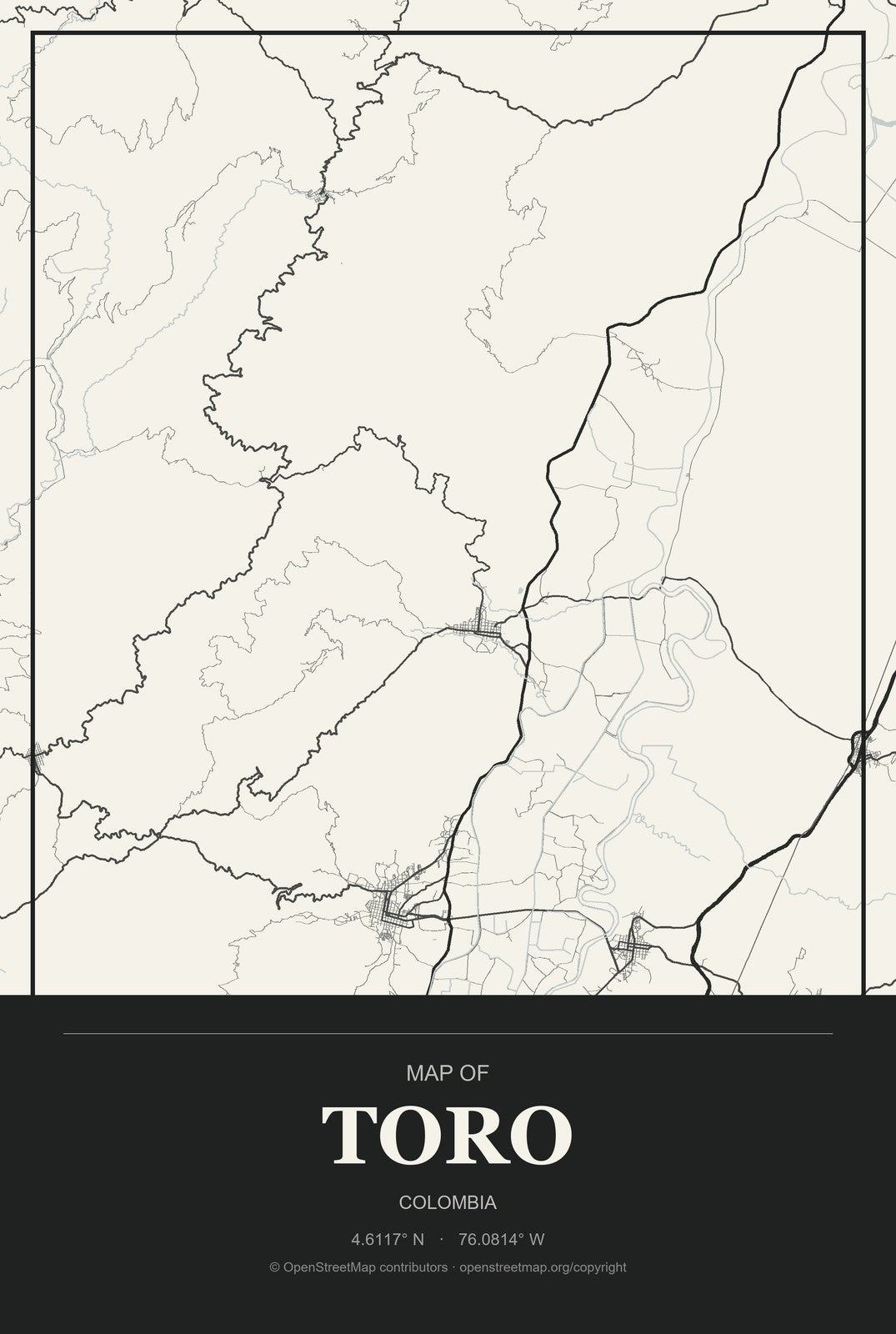 Toro, Colombia City Map Aluminum Sign in Museum Plaque style