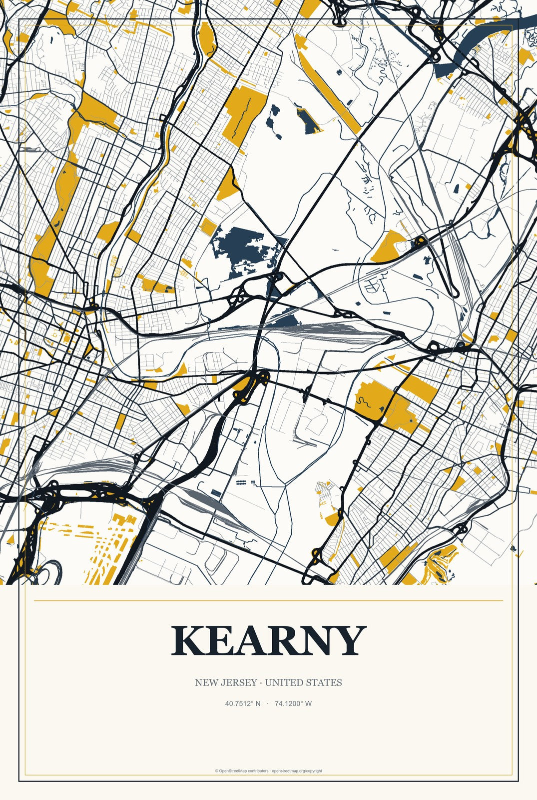 Kearny, New Jersey City Map Aluminum Sign in Citrine Modern style