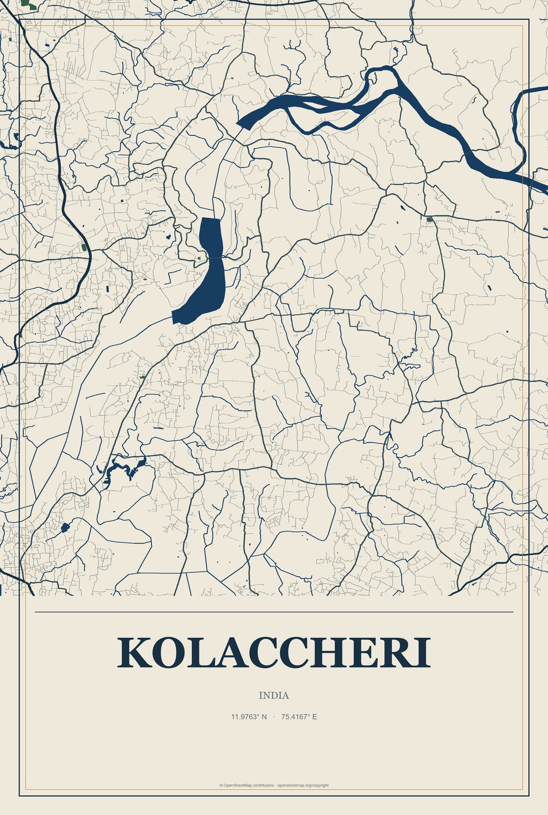 Kolaccheri, India City Map Aluminum Sign in Coastal Cutout style