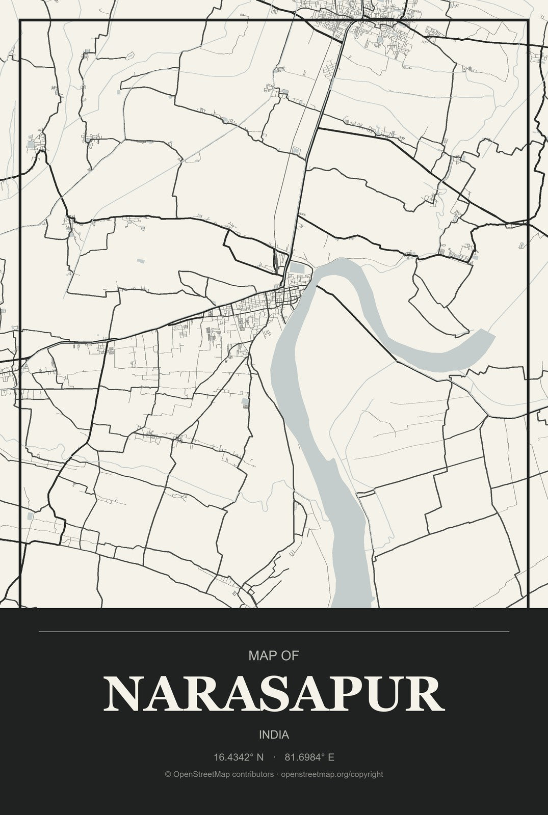 Narasapur, India City Map Aluminum Sign in Museum Plaque style