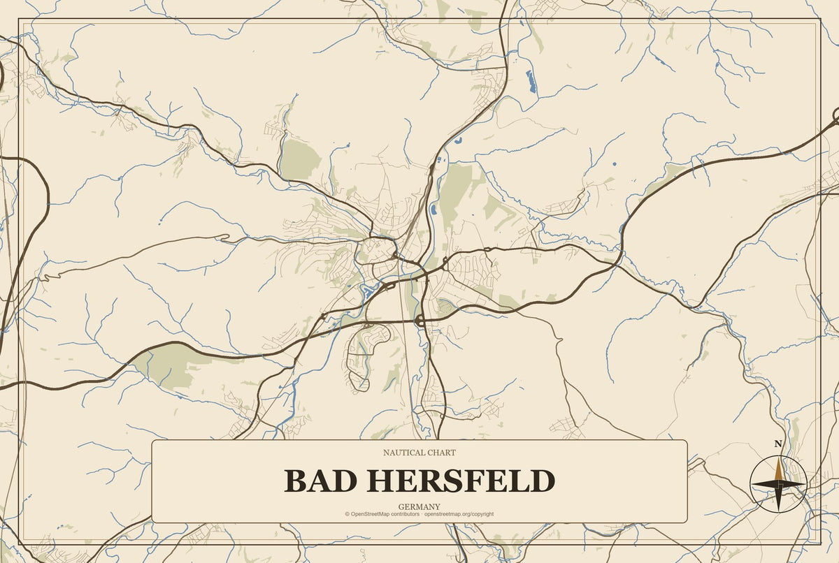 Bad Hersfeld, Germany City Map Aluminum Sign in Heritage Nautical style