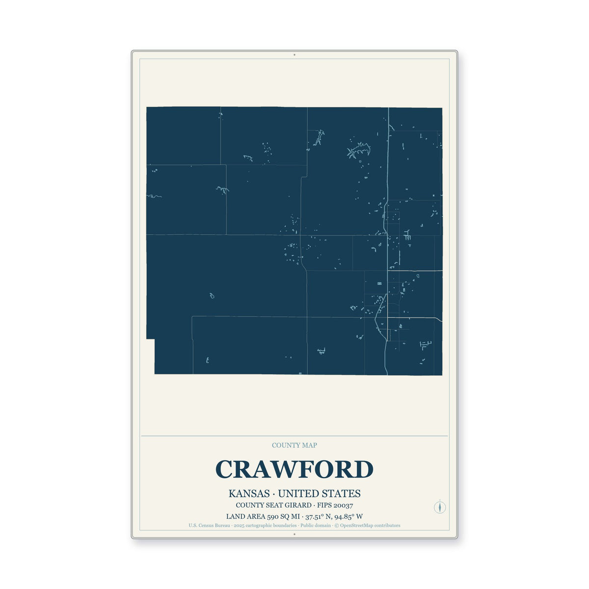 Crawford County, Kansas Map Aluminum Sign in Coastal Cutout style