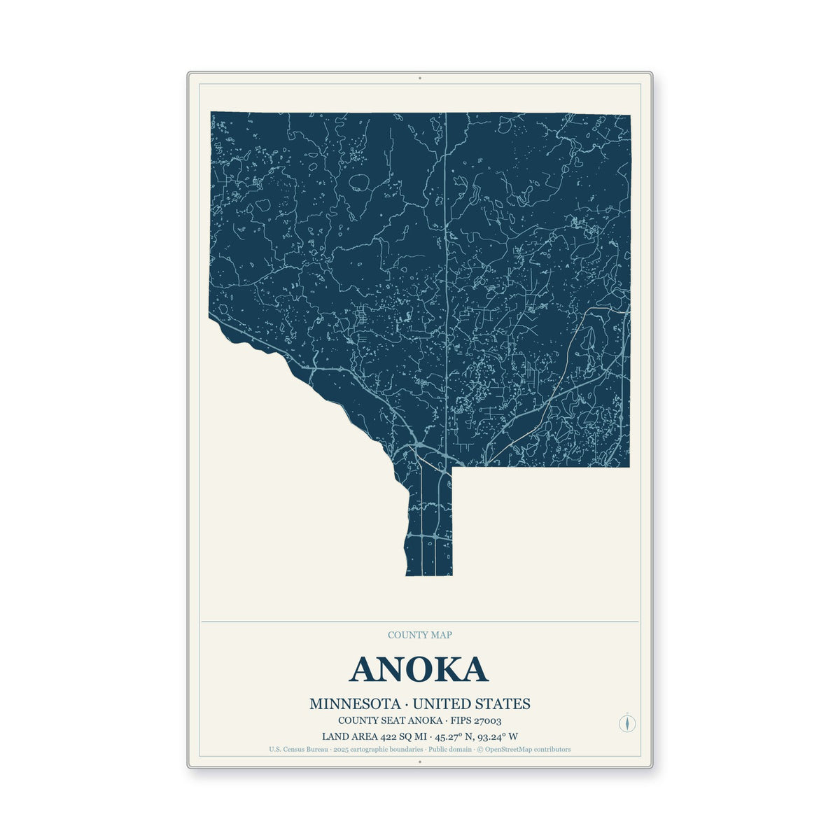 Anoka County, Minnesota Map Aluminum Sign in Coastal Cutout style