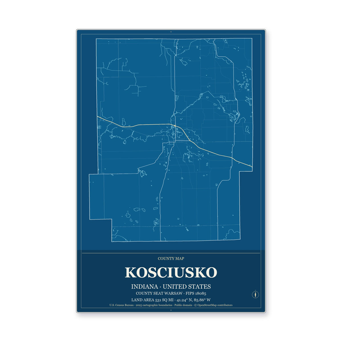 Kosciusko County, Indiana Map Aluminum Sign in Harbor Cobalt style