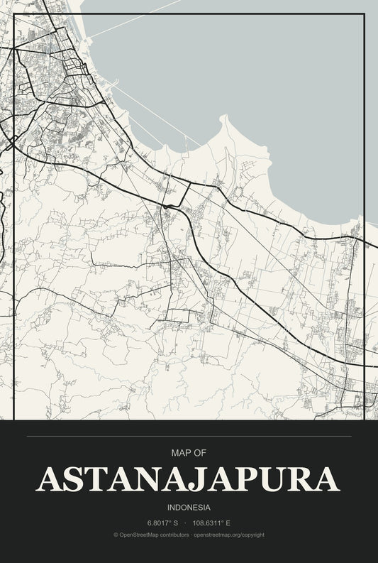 Astanajapura, Indonesia City Map Aluminum Sign in Museum Plaque style