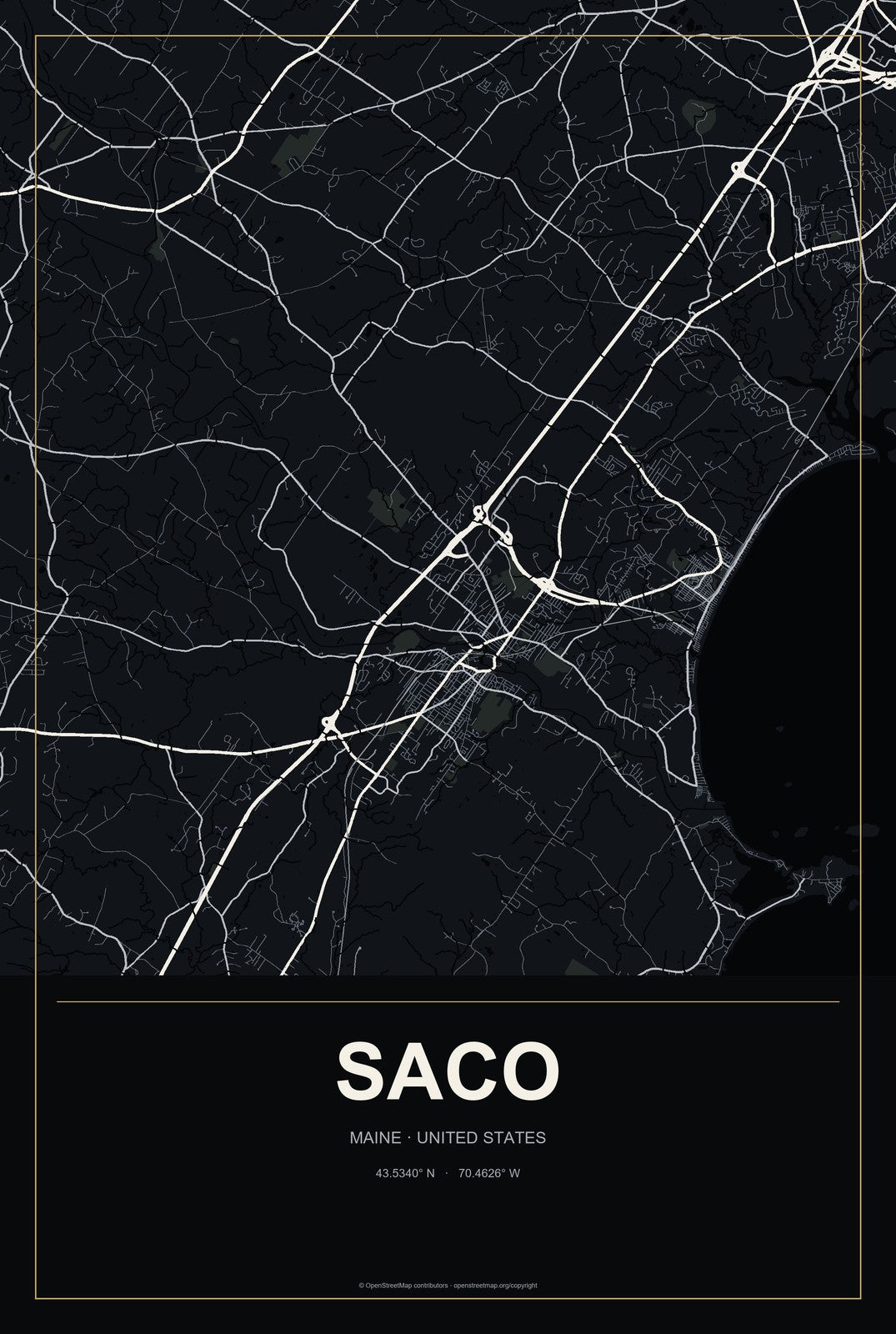 Saco, Maine City Map Aluminum Sign in Metropolitan Noir style