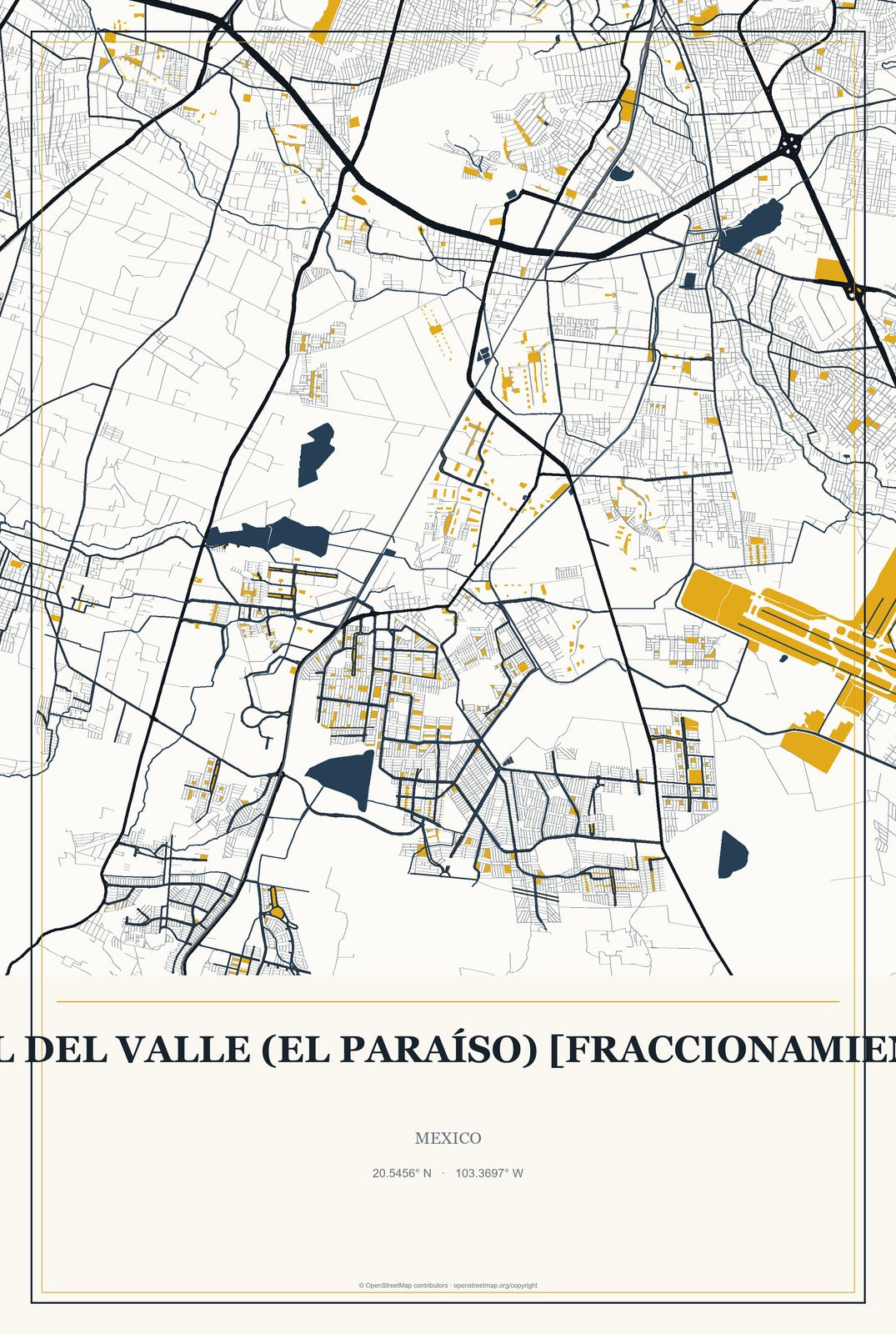 Real del Valle (El Paraíso) [Fraccionamiento], Mexico City Map Aluminum Sign in Citrine Modern style