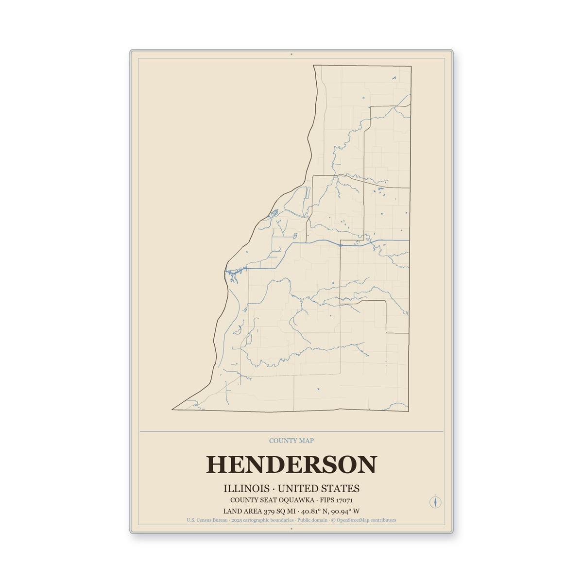 Henderson County, Illinois Map Aluminum Sign in Heritage Nautical style