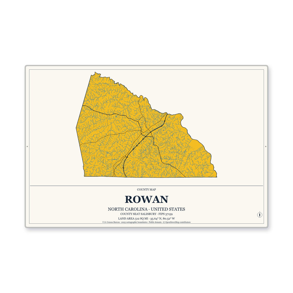 Rowan County, North Carolina Map Aluminum Sign in Citrine Modern style